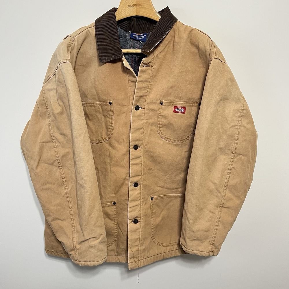 Vintage Dickies Chore Coat Mens 3XL Tan Canvas Corduroy Collar Blanket Lined 90s